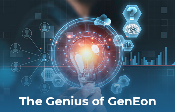 Person Holding Lightbulb Surrounded by Technology Innovation Icons To Symbolize Genius of GenEon Experience and Webinar
