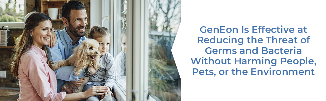 Happy Family With Their Dog Looking Out of a Window Representing a Clean, Sanitized, and Disinfected Green Household